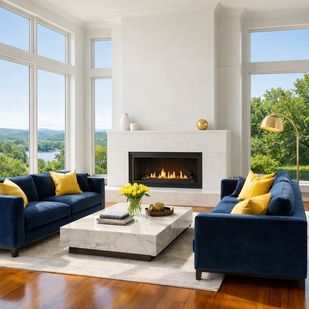 Spotless luxury living room in Massachusetts after a premium residential cleaning service.