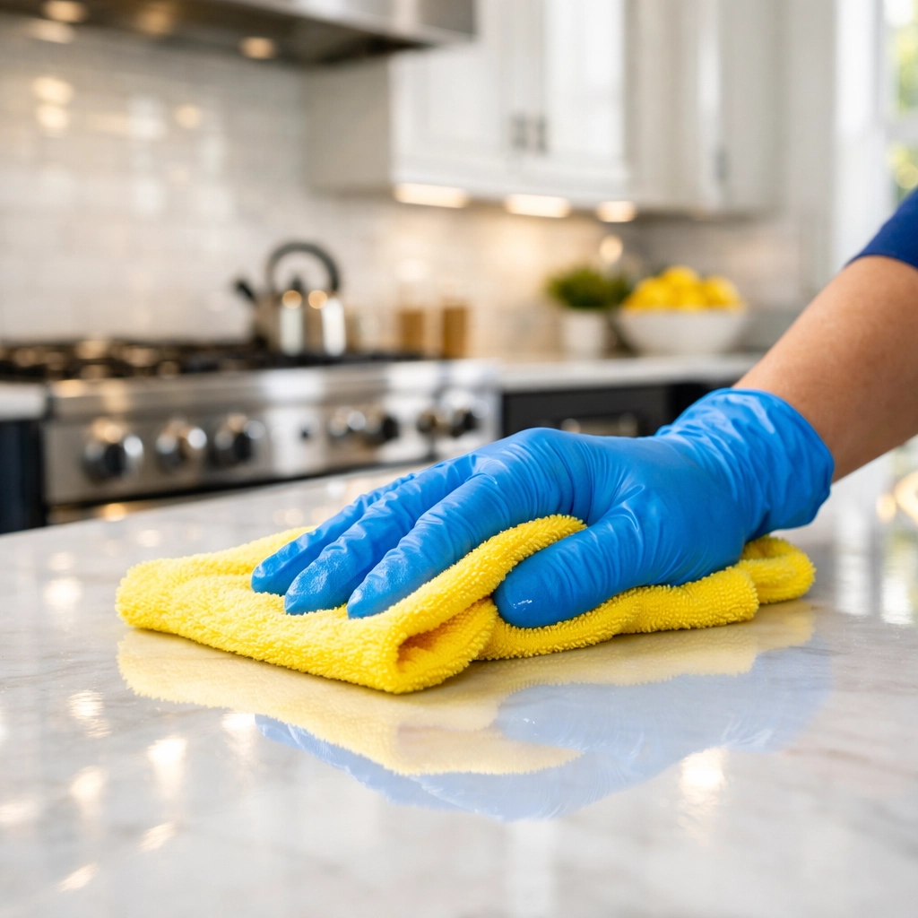 Professional house cleaning in Billerica, MA expert polishing a luxury kitchen marble countertop.