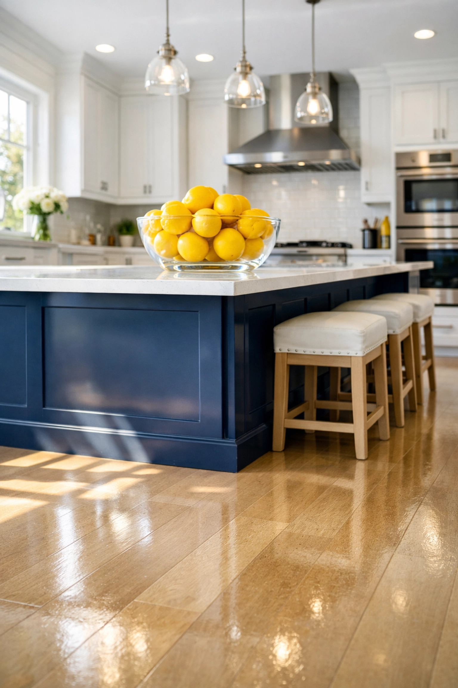Bright, clean kitchen with polished quartz countertops highlighting eco-friendly residential cleaning.