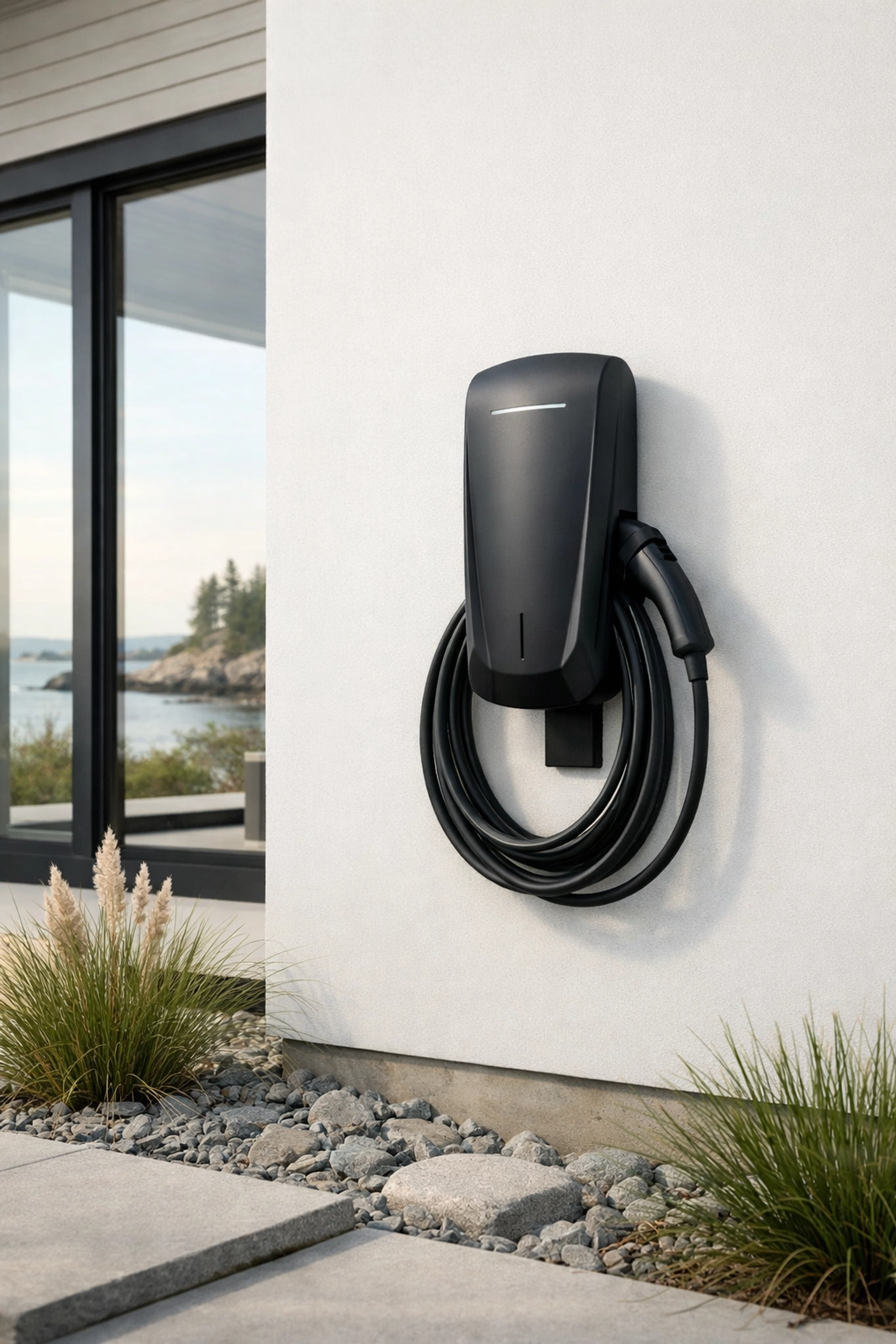 High-tech home EV charging station installed on a clean exterior wall in Portland Maine.