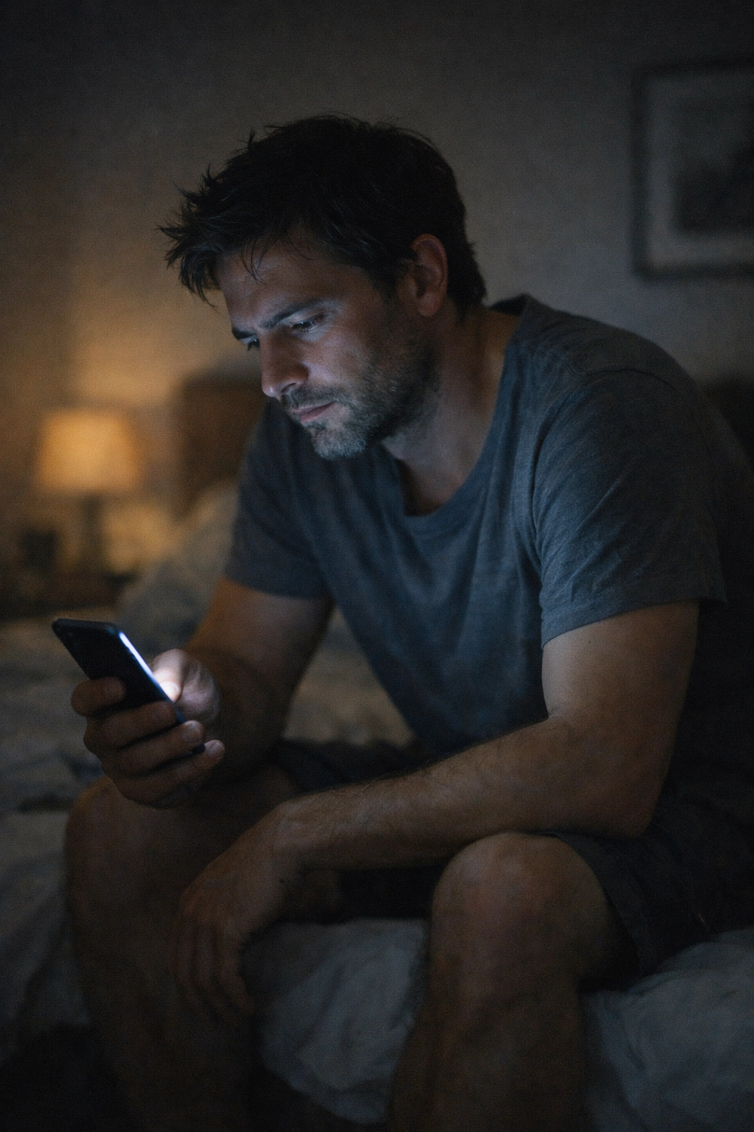 Férfi az ágy szélén mobiltelefonnal, a pornófüggőség okozta merevedési zavar jelképeként.