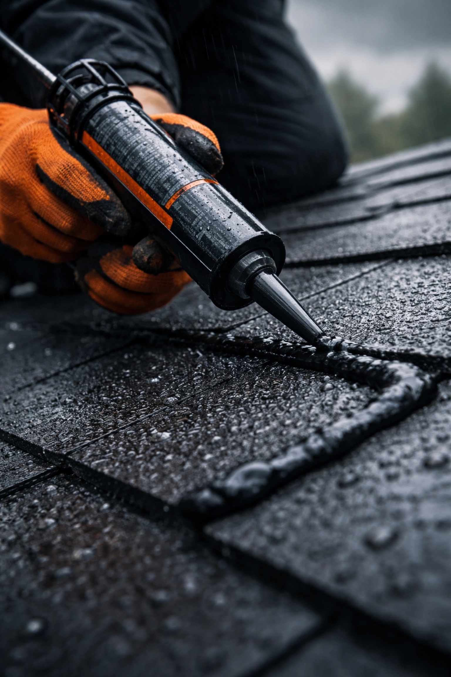 Close-up of a roofer applying polyurethane sealant to wet asphalt shingles during emergency roof repair in Charlotte.
