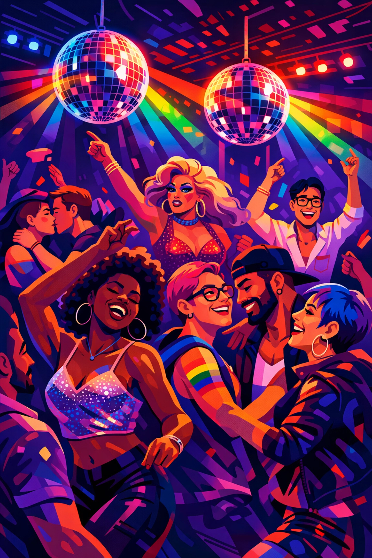 LGBTQ+ fans dancing together in gay nightclub celebrating pop music and pride