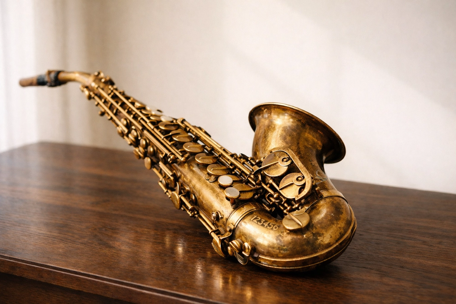 Vintage brass saxophone displaying patina and serial number for collector valuation and identification
