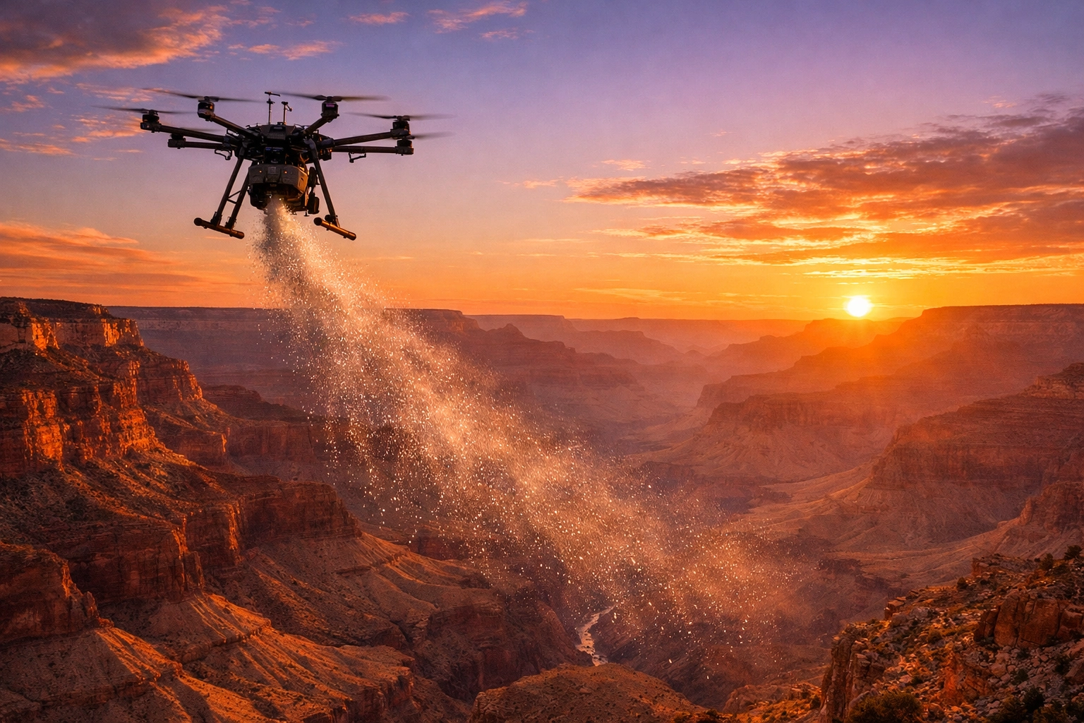 Professional drone ashes scattering over the majestic Grand Canyon at sunset for a serene memorial ceremony.