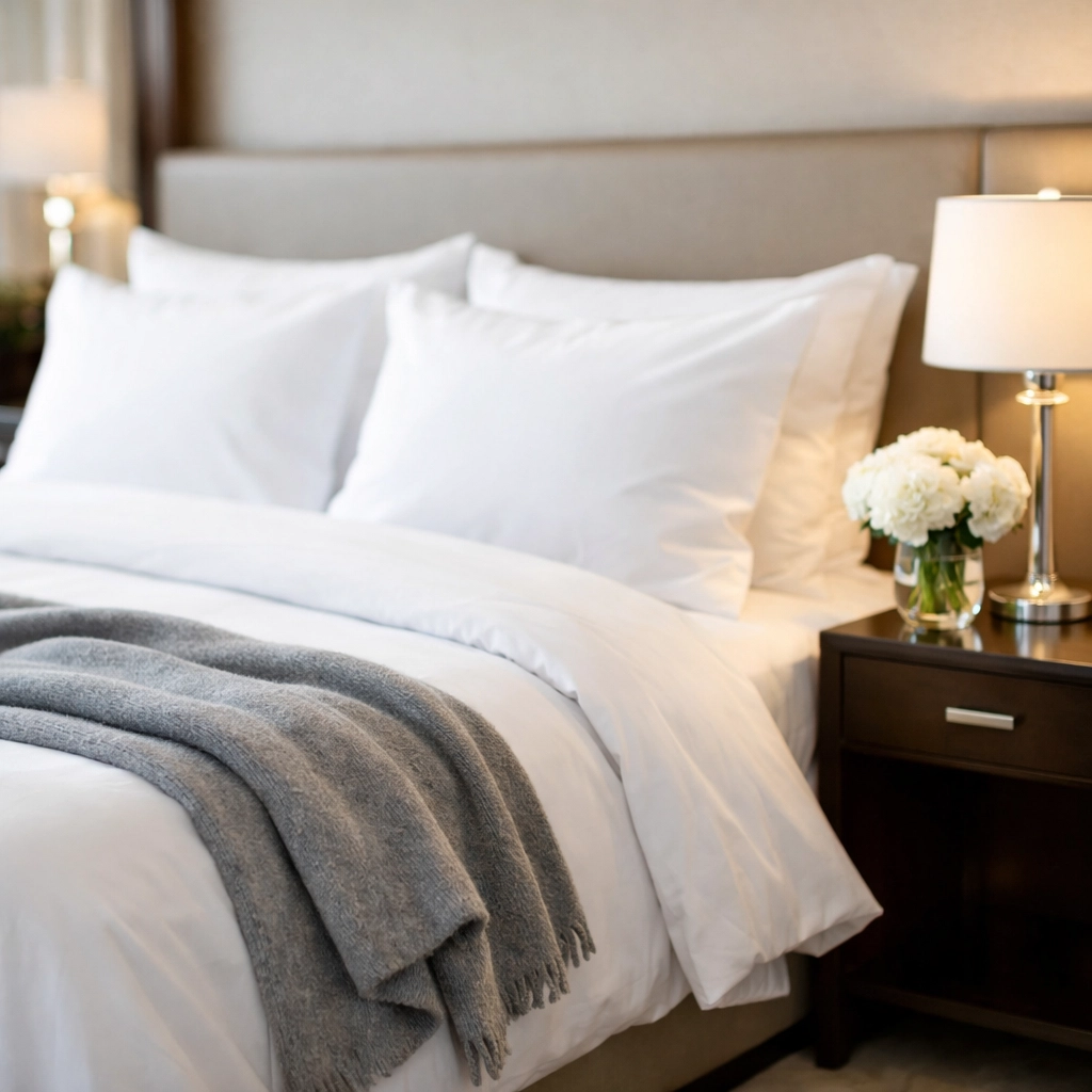 Staged luxury bedroom with crisp white linens representing professional Airbnb property management standards.