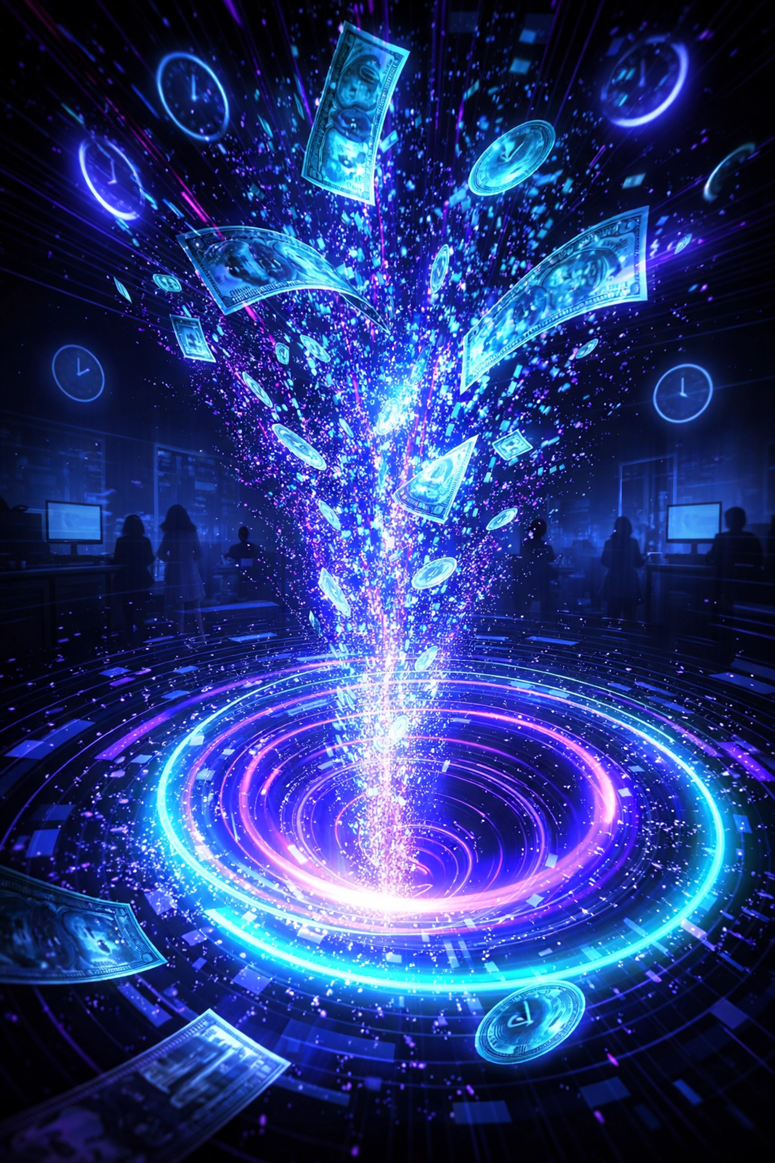 Digital money dissolving into data particles, illustrating financial loss from unprepared hires and productivity gaps