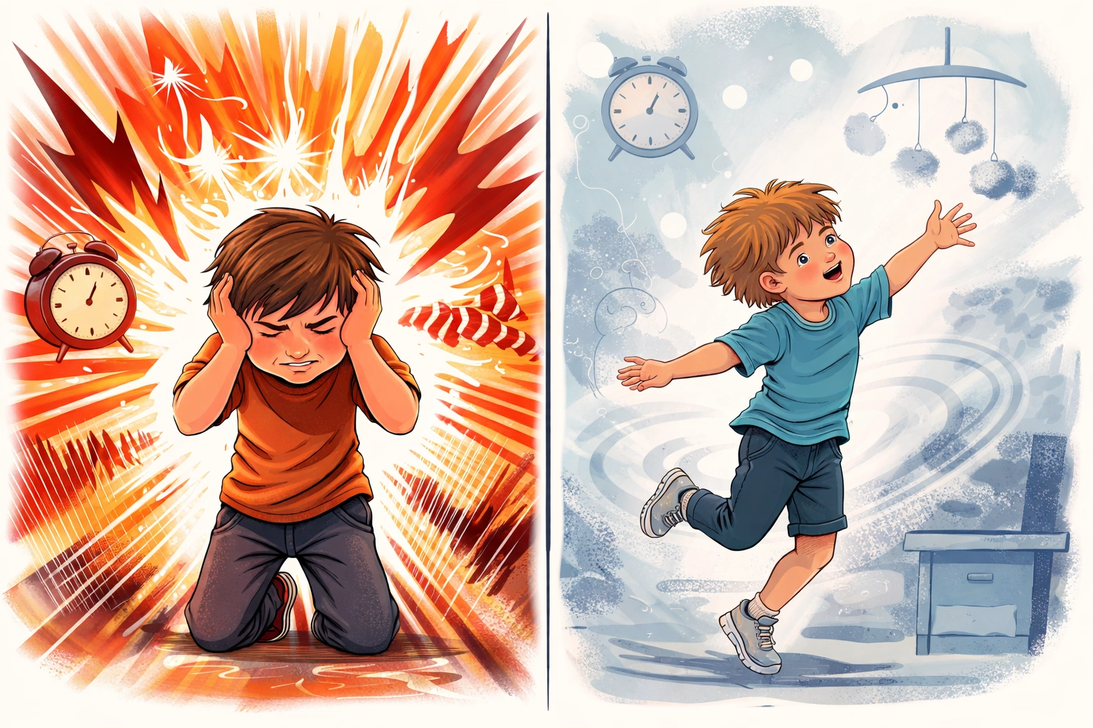 Illustration showing two children with sensory sensitivity: one overwhelmed by noise and light, the other seeking more stimulation, highlighting attention and focus challenges