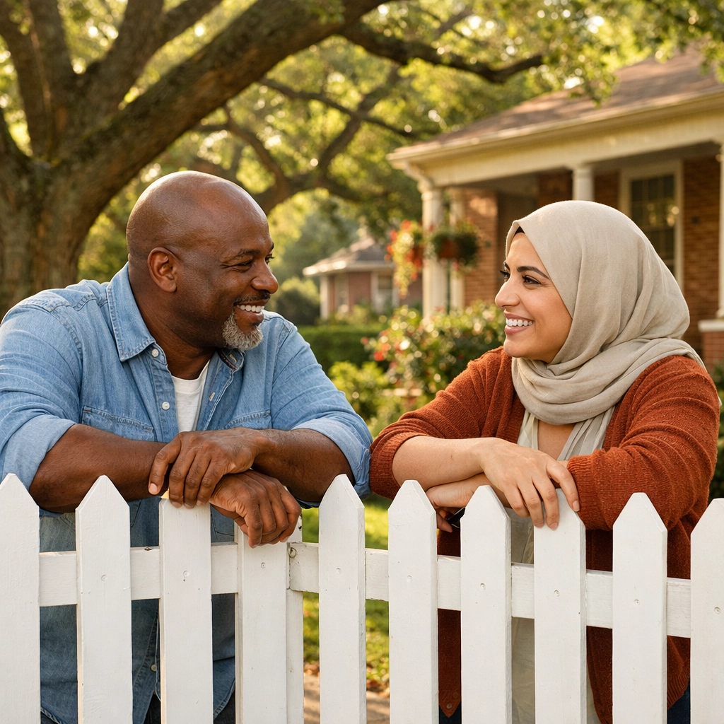 Diverse neighbors chatting in an established North Carolina neighborhood with mature oak trees and charm.