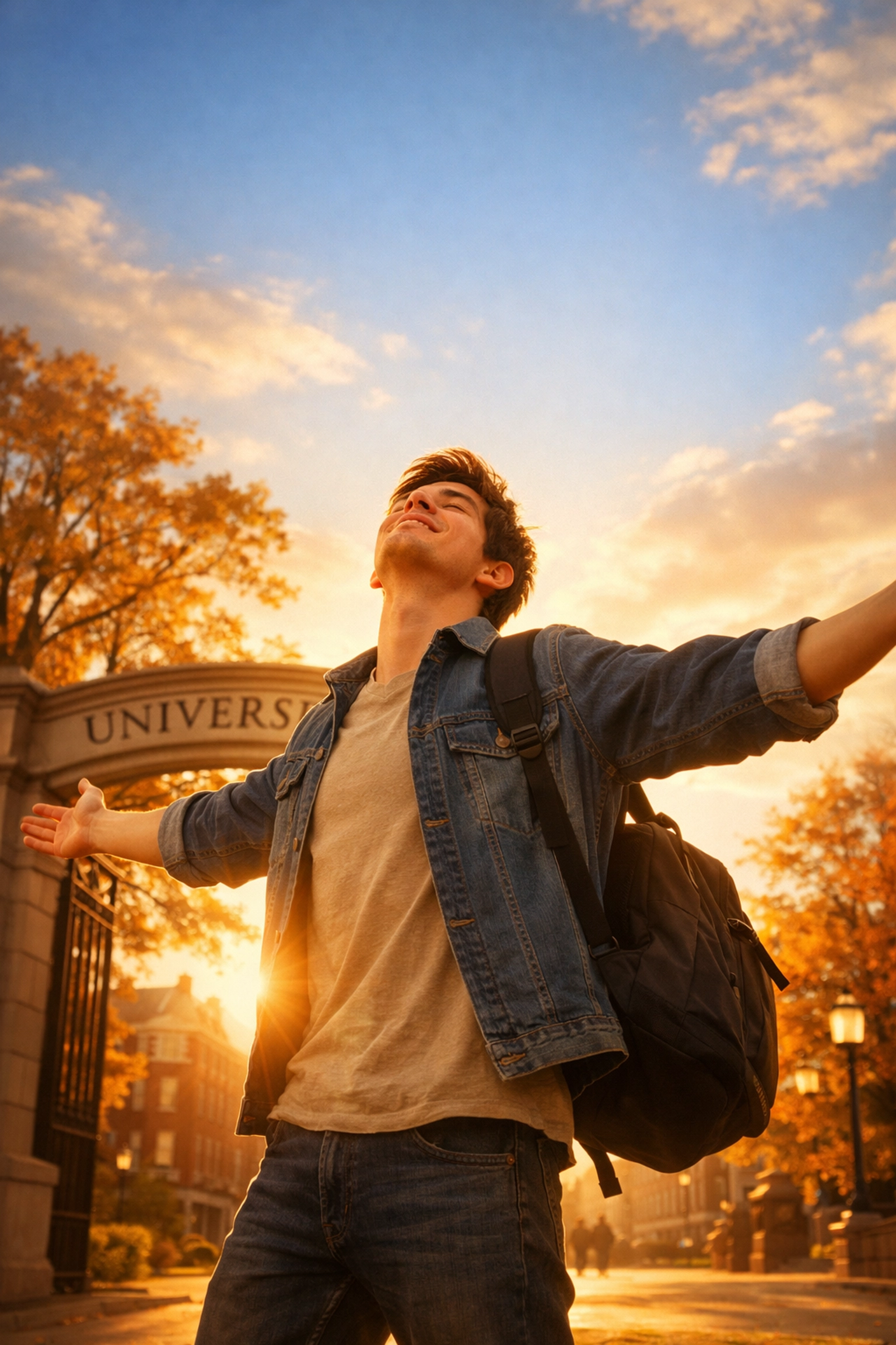 Young gay student celebrating freedom at university campus entrance
