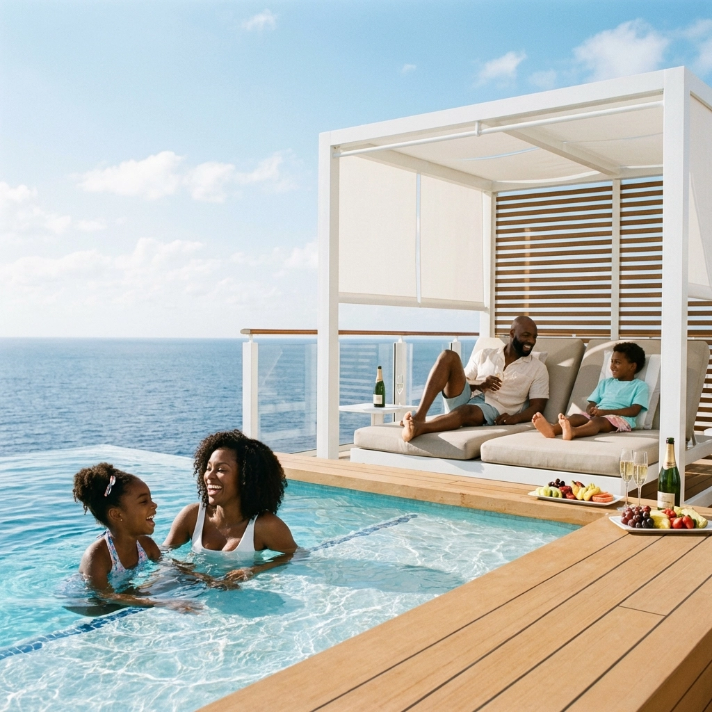 Black family relaxing by an infinity pool on a luxury cruise ship concierge sun deck.