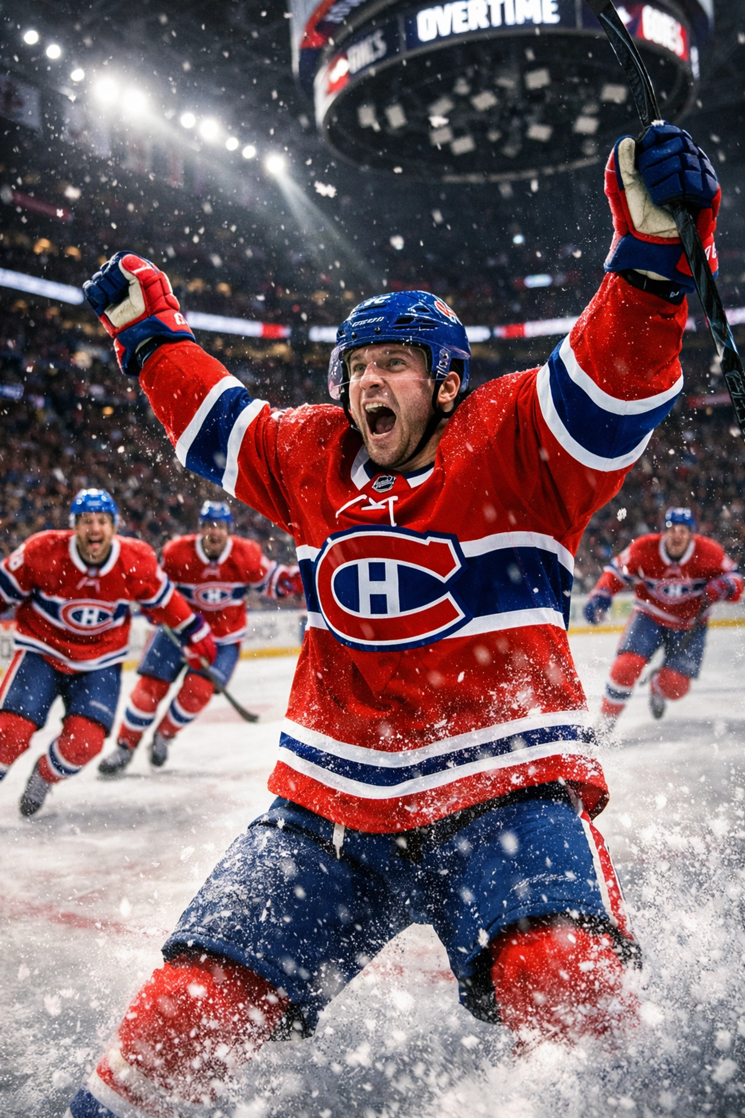 Montreal Canadiens player celebrating overtime victory goal at Bell Centre after breaking losing streak