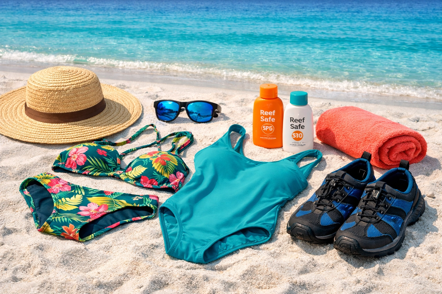 Beach essentials for Space Coast day including swimsuits, sunscreen, hat, and water shoes on sand