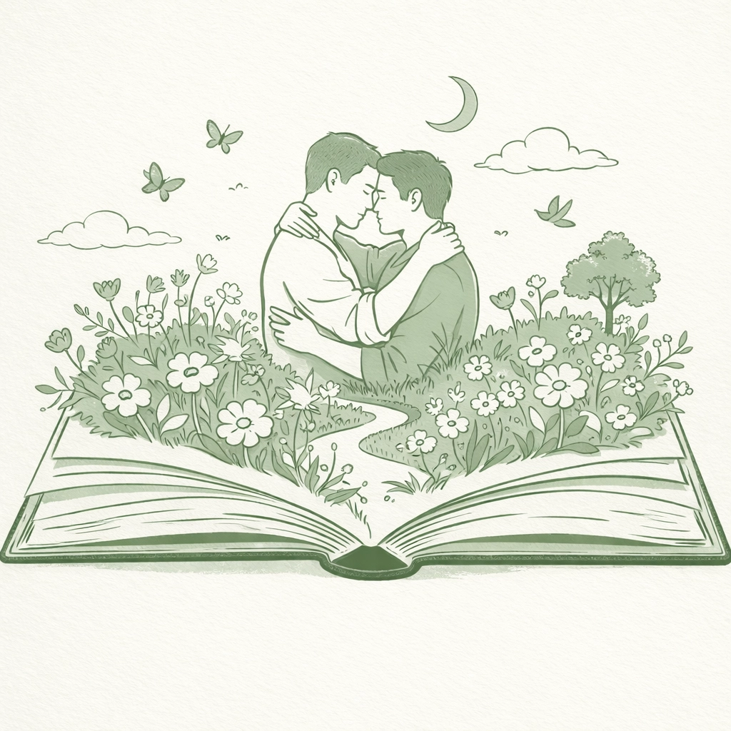 Open book transforms into garden with embracing gay couple - metaphor for LGBTQ+ literature and memory
