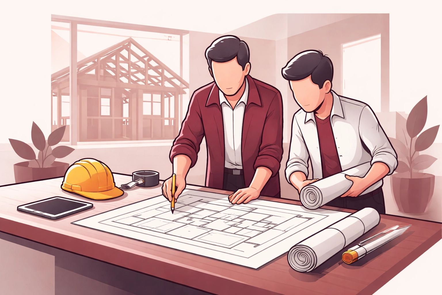 Mentor and mentee reviewing blueprints, illustrating coaching for successful house flipping projects