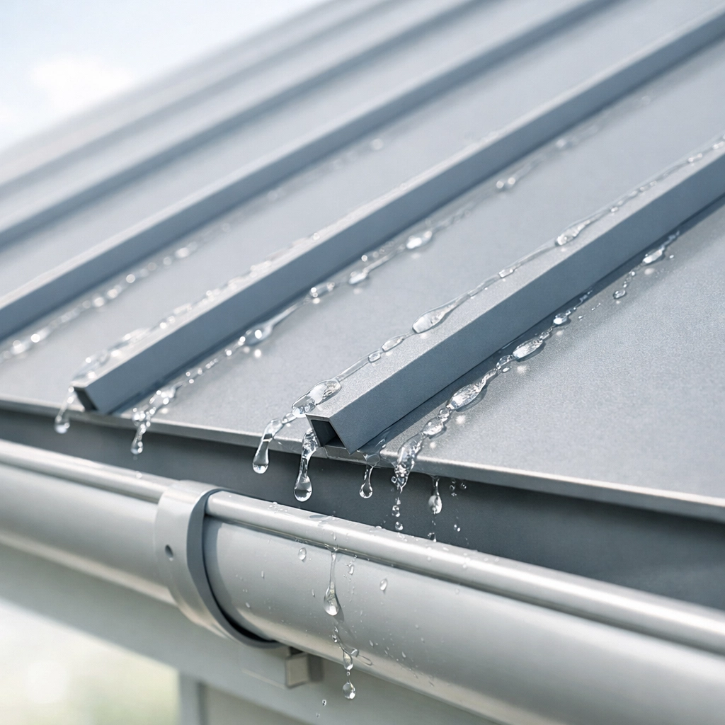 Efficient water drainage on a sloped metal roof Northern Beaches with clean guttering.