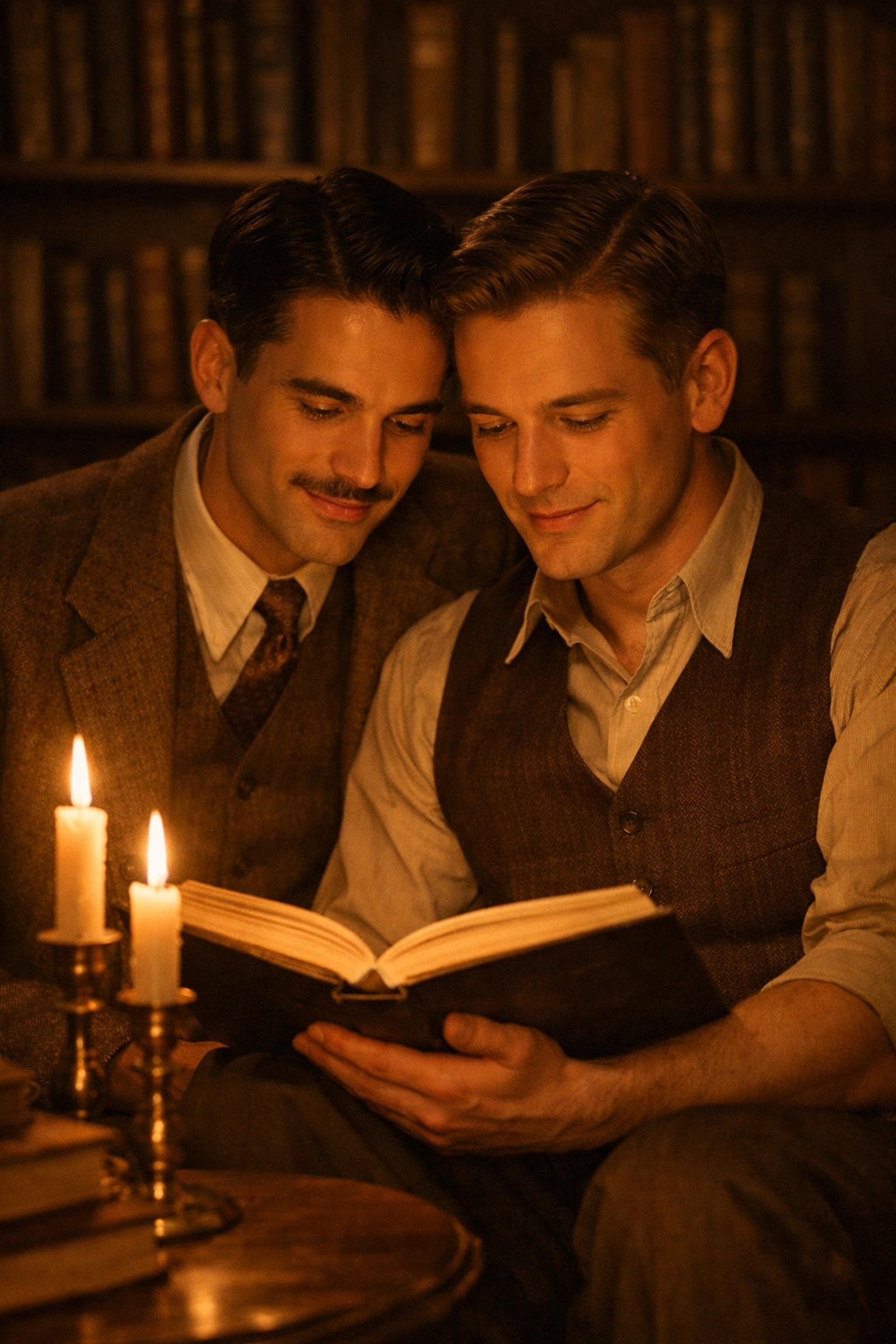 Gay couple reading together in 1940s depicting historical MM romance and love