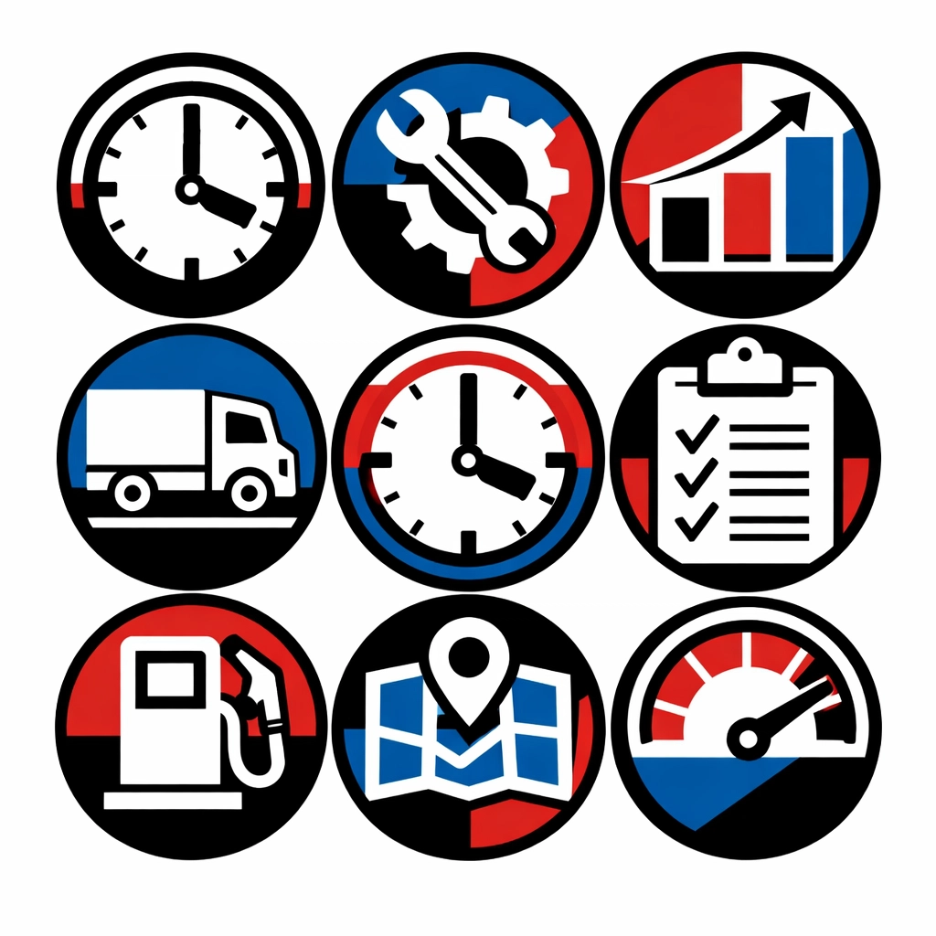Icons representing drivers' hours, vehicle maintenance, and financial standing for transport manager compliance.