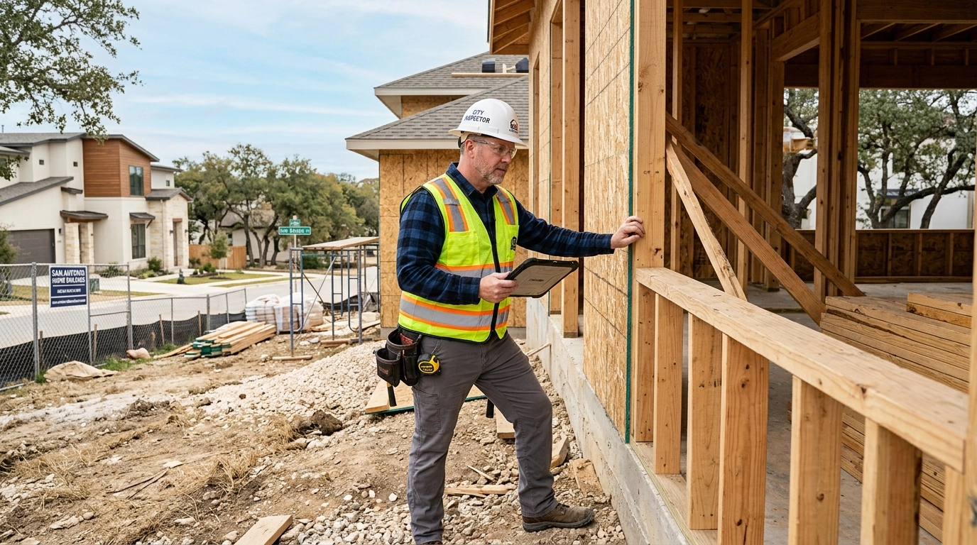 A professional home inspector evaluating the exterior framing of a new build in San Antonio, demonstrating expertise and attention to detail.