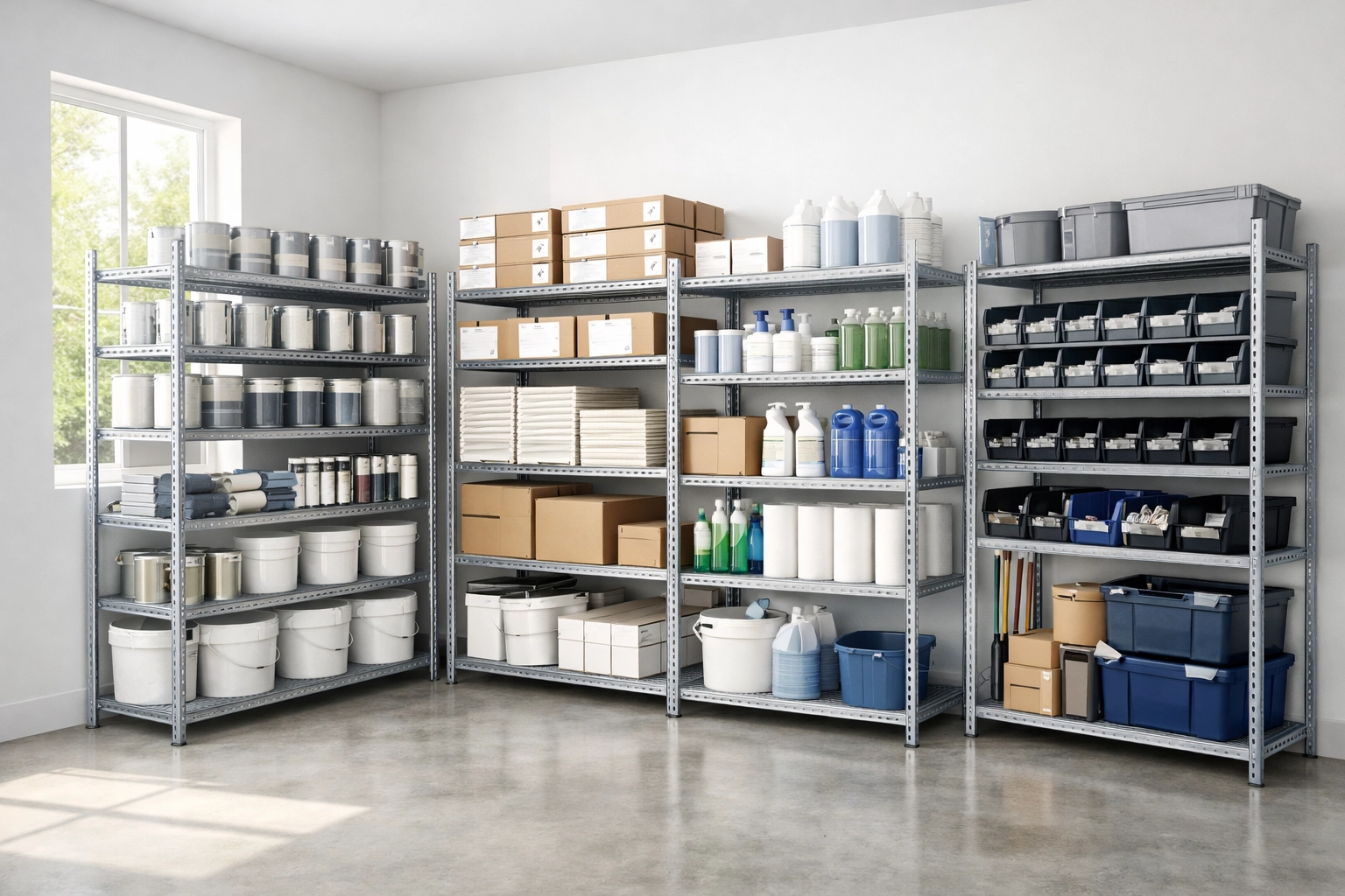Organized storage room with apartment turnover supplies including paint, fixtures, and cleaning materials