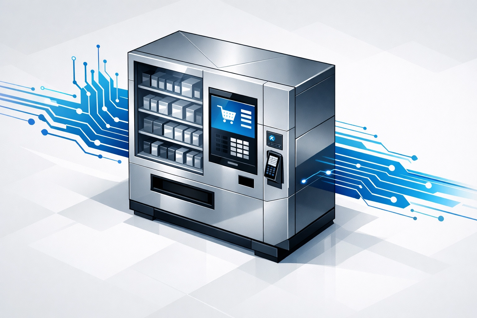Minimalist automated retail kiosk illustration highlighting ROI-focused fintech hardware trends.