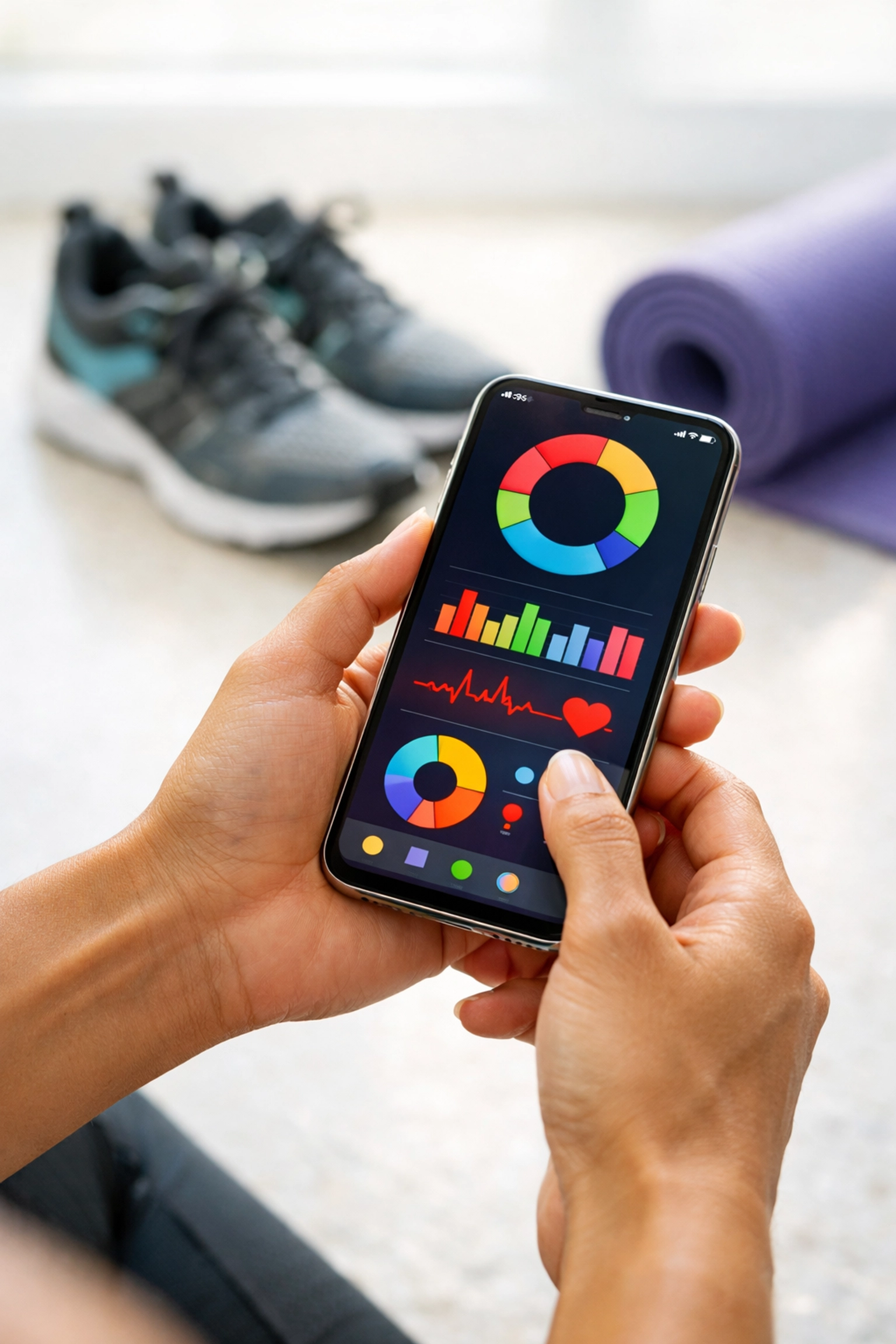 Tracking GLP-1 weight loss progress on a smartphone app next to fitness equipment.