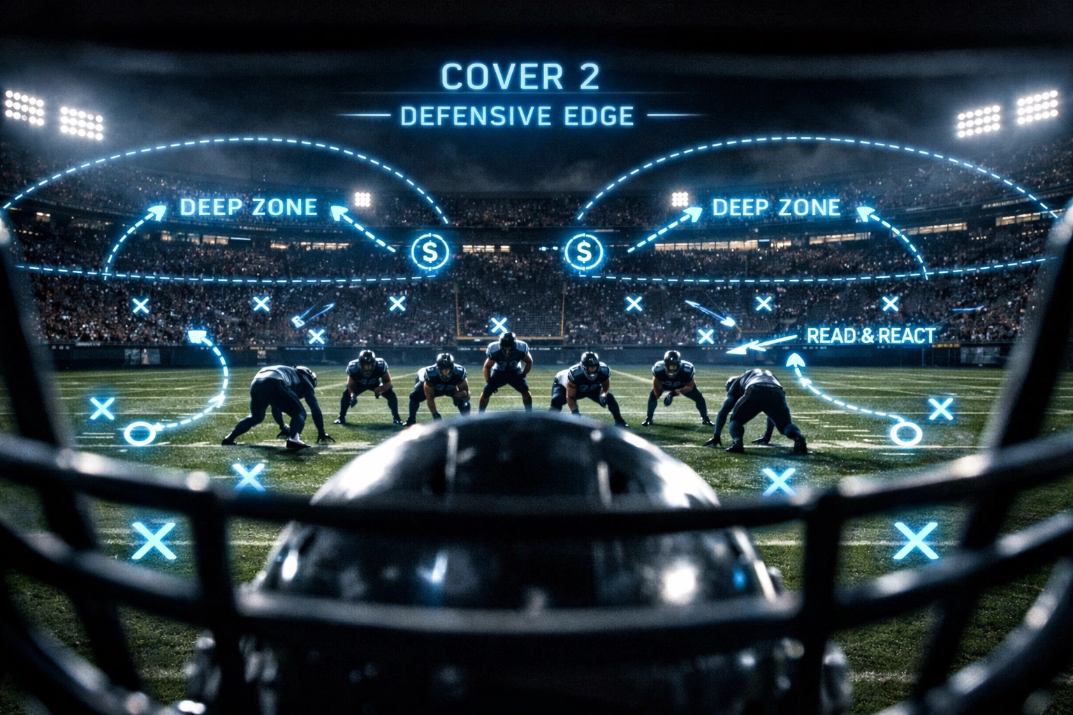Quarterback perspective through a helmet seeing defensive coverage diagrams on a football field.