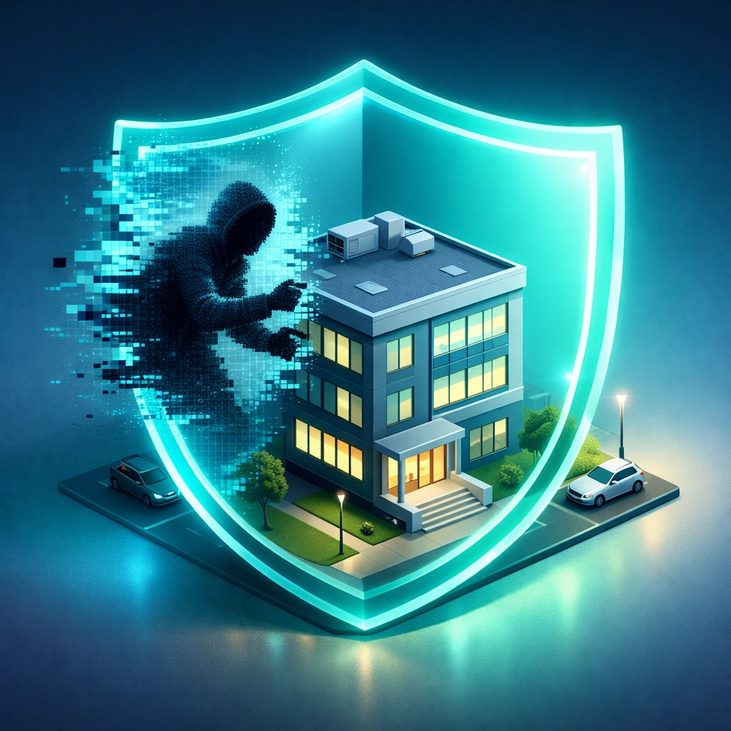 Isometric view of a business building with a failing security shield showing SMB vulnerability.