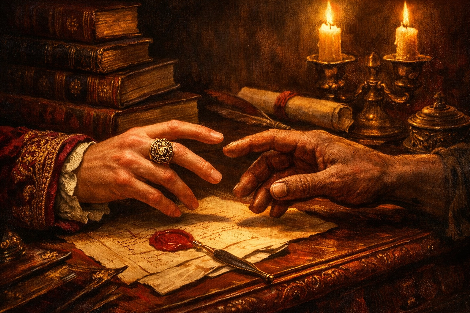 Noble and commoner hands nearly touching in MM historical romance forbidden love scene