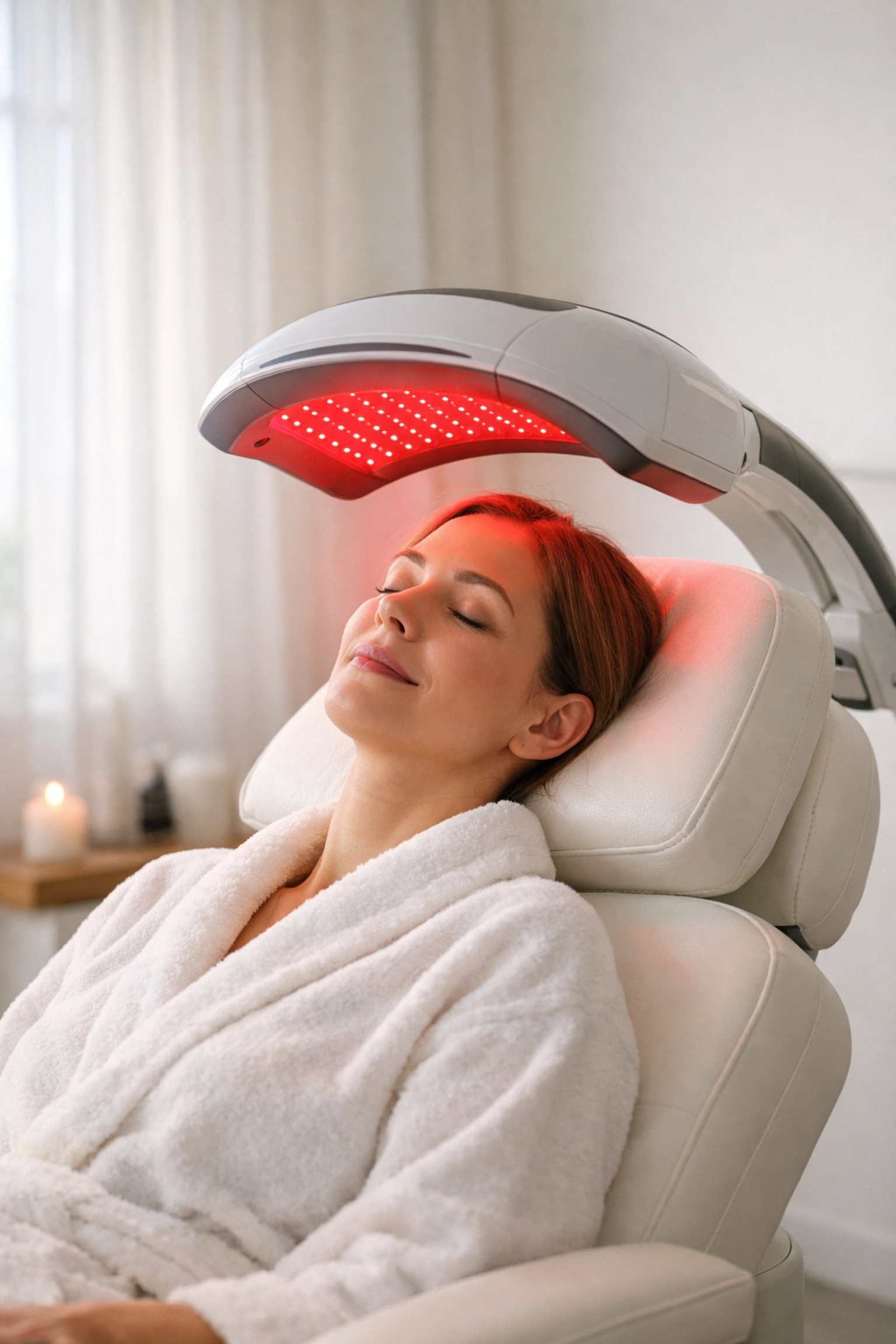 Patient receiving professional red light therapy for hair growth at Edmonton wellness clinic