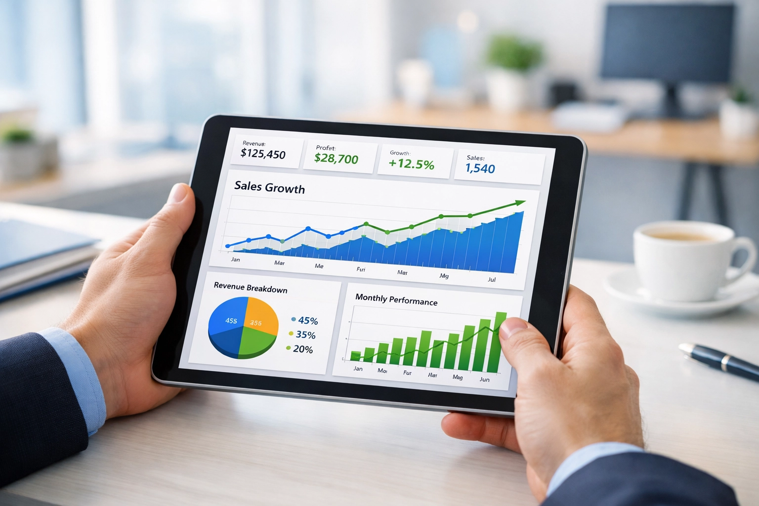 Business owner reviewing real-time financial dashboard showing clear bookkeeping data and insights
