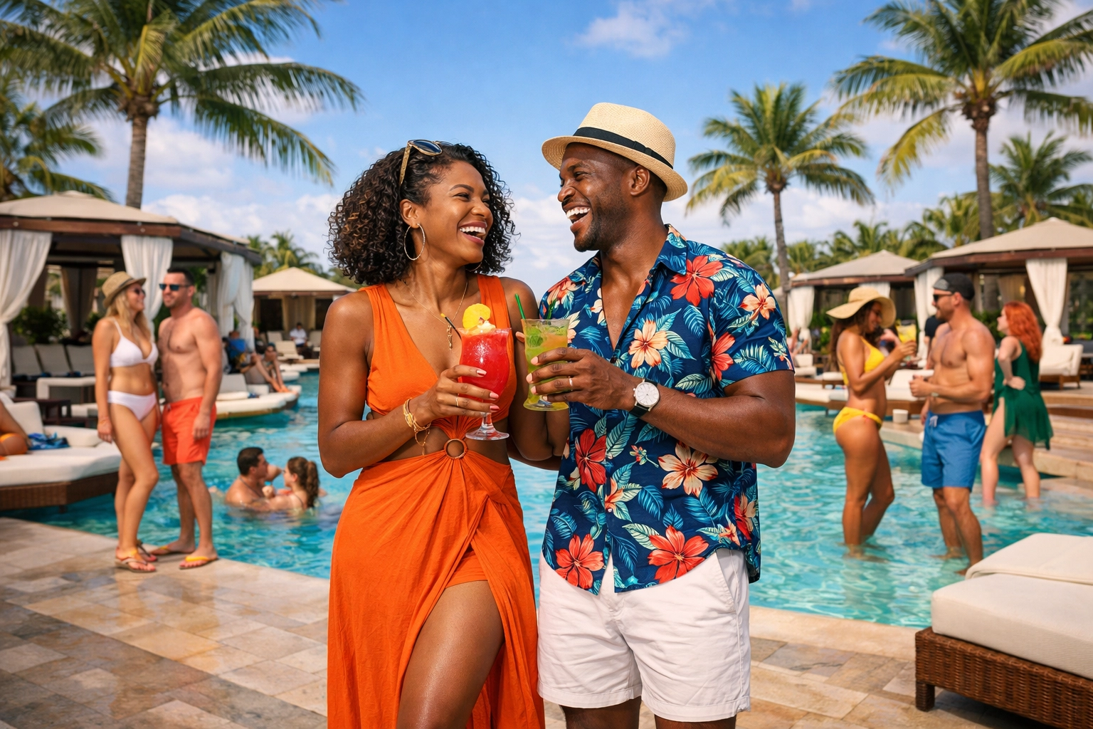 Couples socializing at an adults-only pool, part of a premium Lifestyle Resorts booking experience.