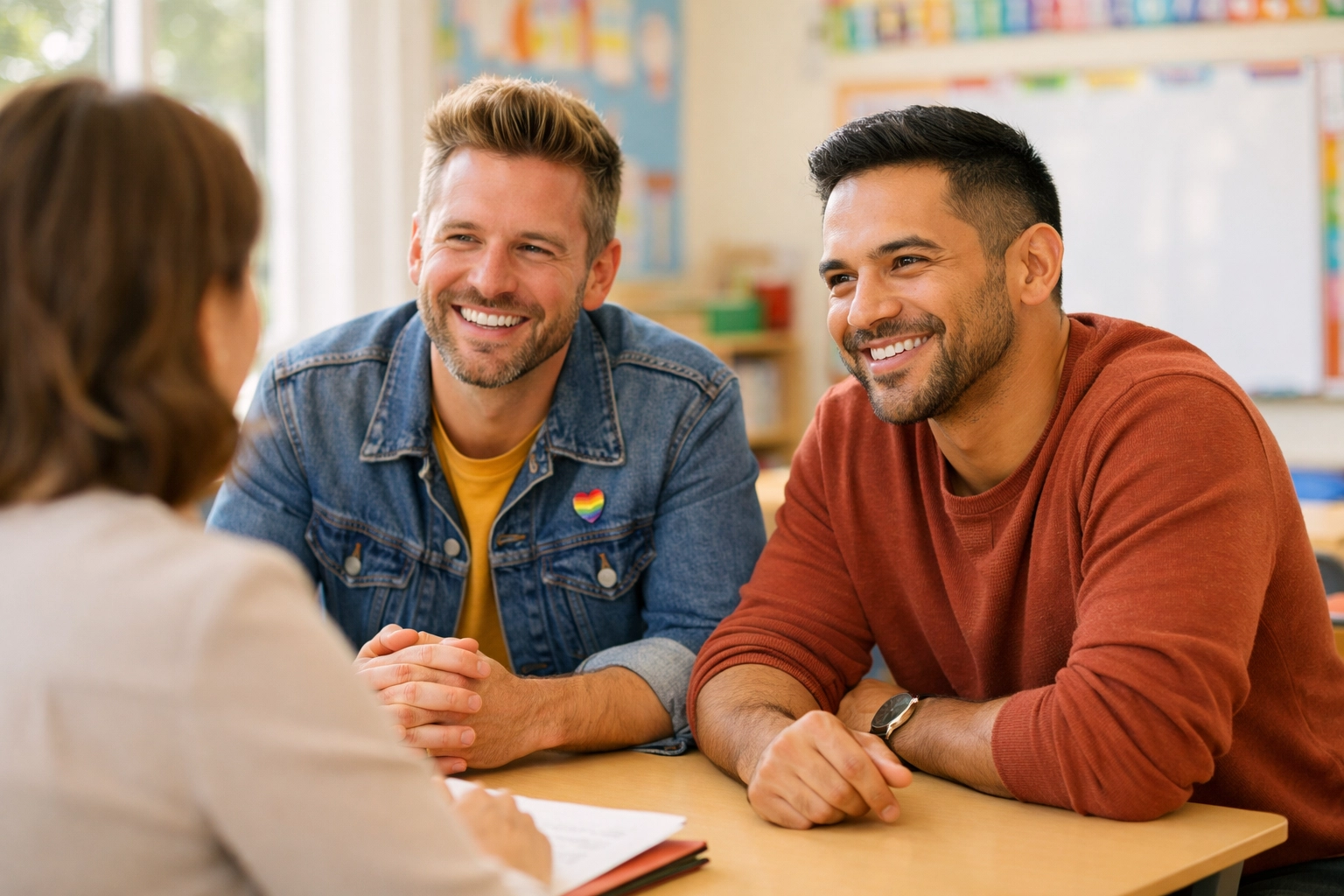 Gay parents having a collaborative meeting with a teacher about an inclusive school environment.
