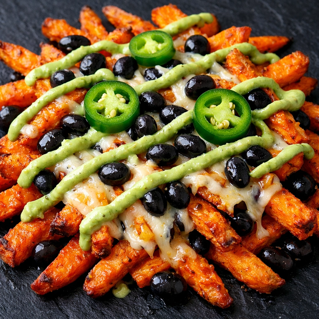 10 Air Fryer Dinners Everyone Is Making Right Now Crispy air fryer loaded sweet potato fries with melted cheese and avocado crema.