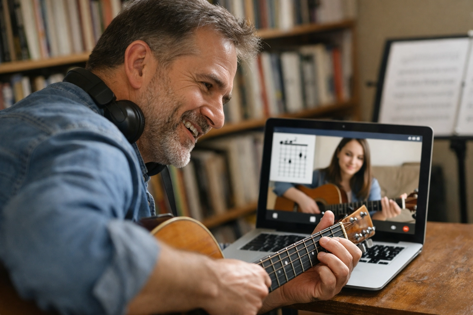 Professional instructor providing guitar lessons Tallahassee students can access online.