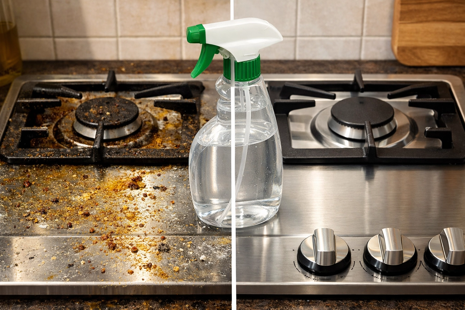 Before and after comparison showing grease remover cleaning kitchen stovetop