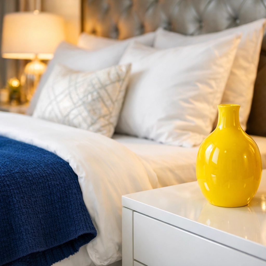 Dust-free master bedroom linens and nightstand showcasing premium house cleaning Petersham MA service.