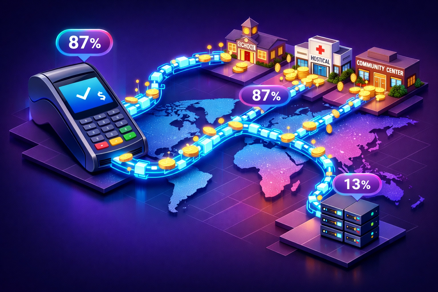 LareBlocks payment terminal routing 87% of transaction taxes to global charity buildings via blockchain