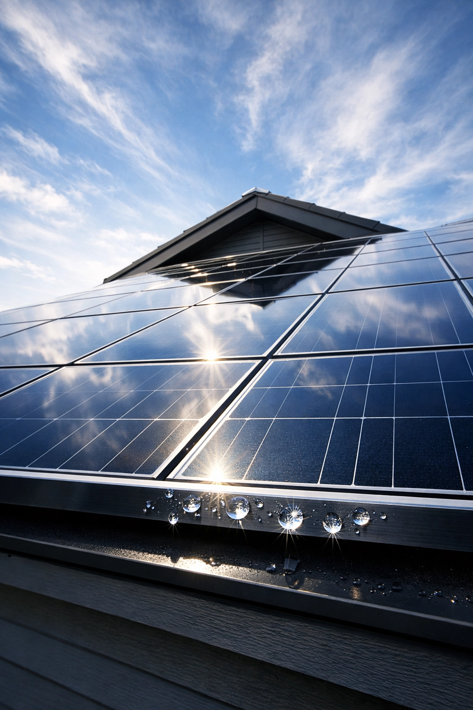 Pristine residential solar array on a contemporary roof reflecting a clear sky and clean energy.
