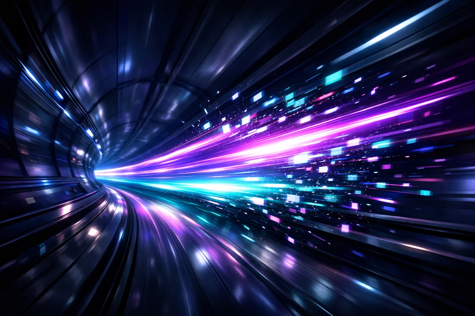 High-speed light trail in a digital tunnel illustrating Solana's extreme blockchain transaction throughput.