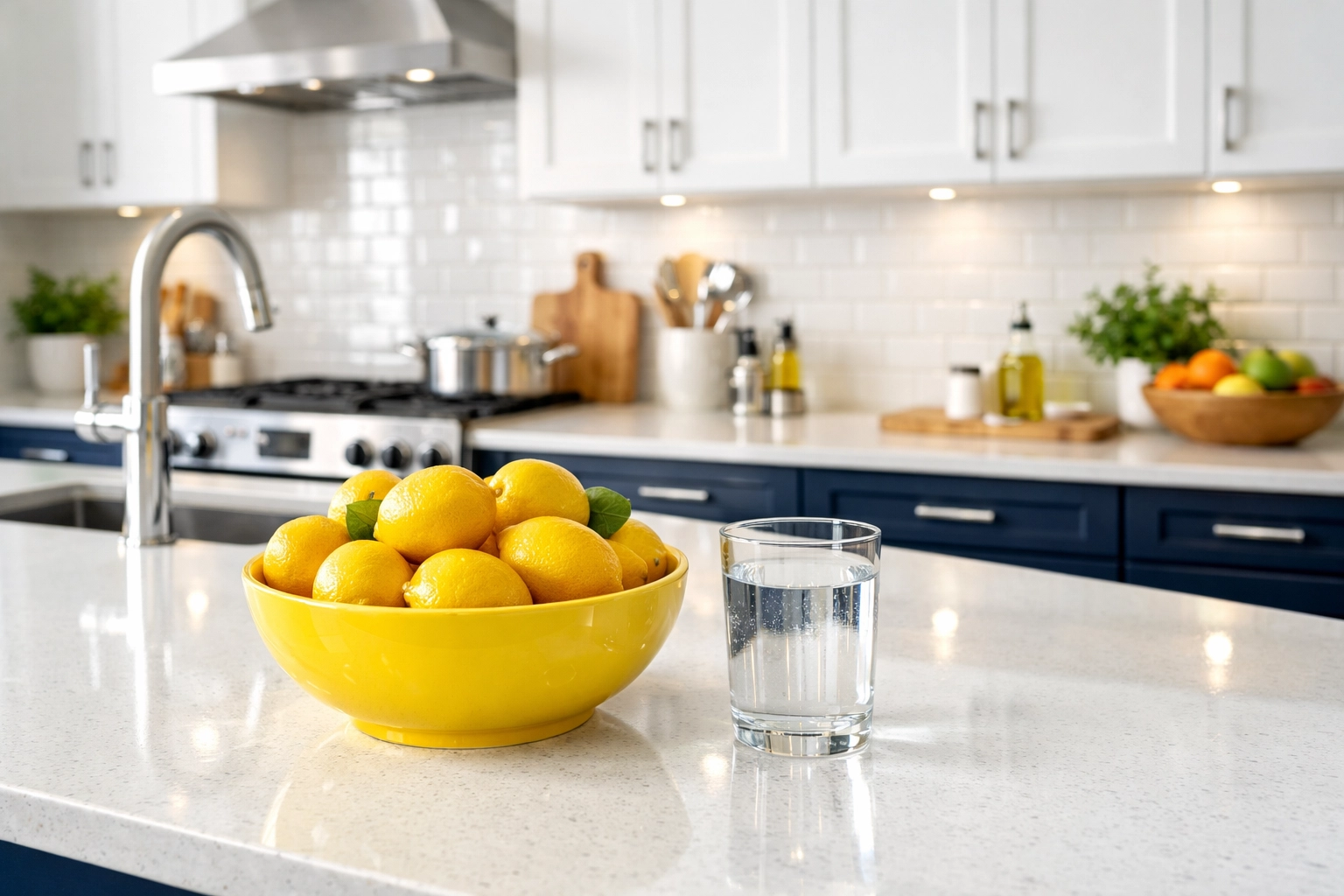 Sparkling clean modern kitchen with a white island and navy blue cabinets promoting healthy living.