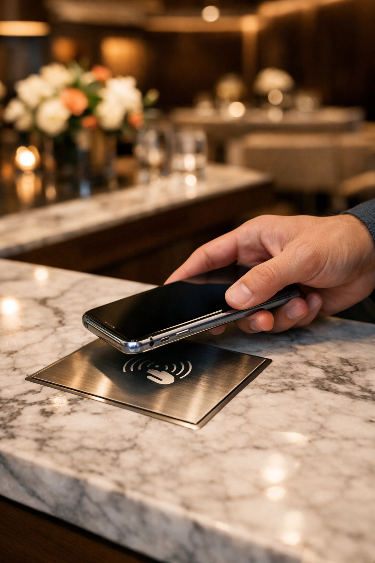 VIP guest using a smartphone for digital activation in a luxury Super Bowl corporate hospitality suite.