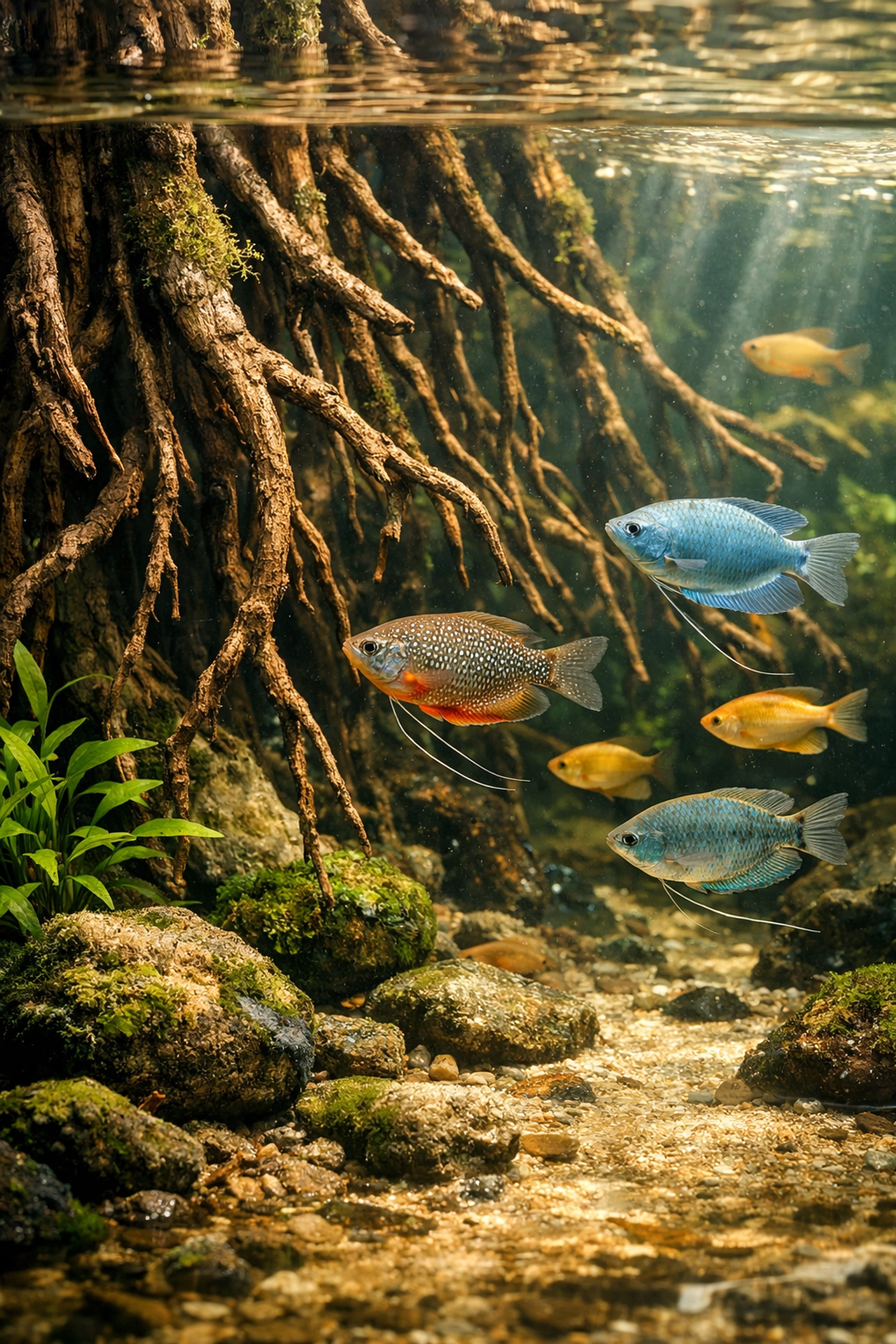 Authentic biotope aquarium featuring Gourami fish and natural river habitat for digital marketing.