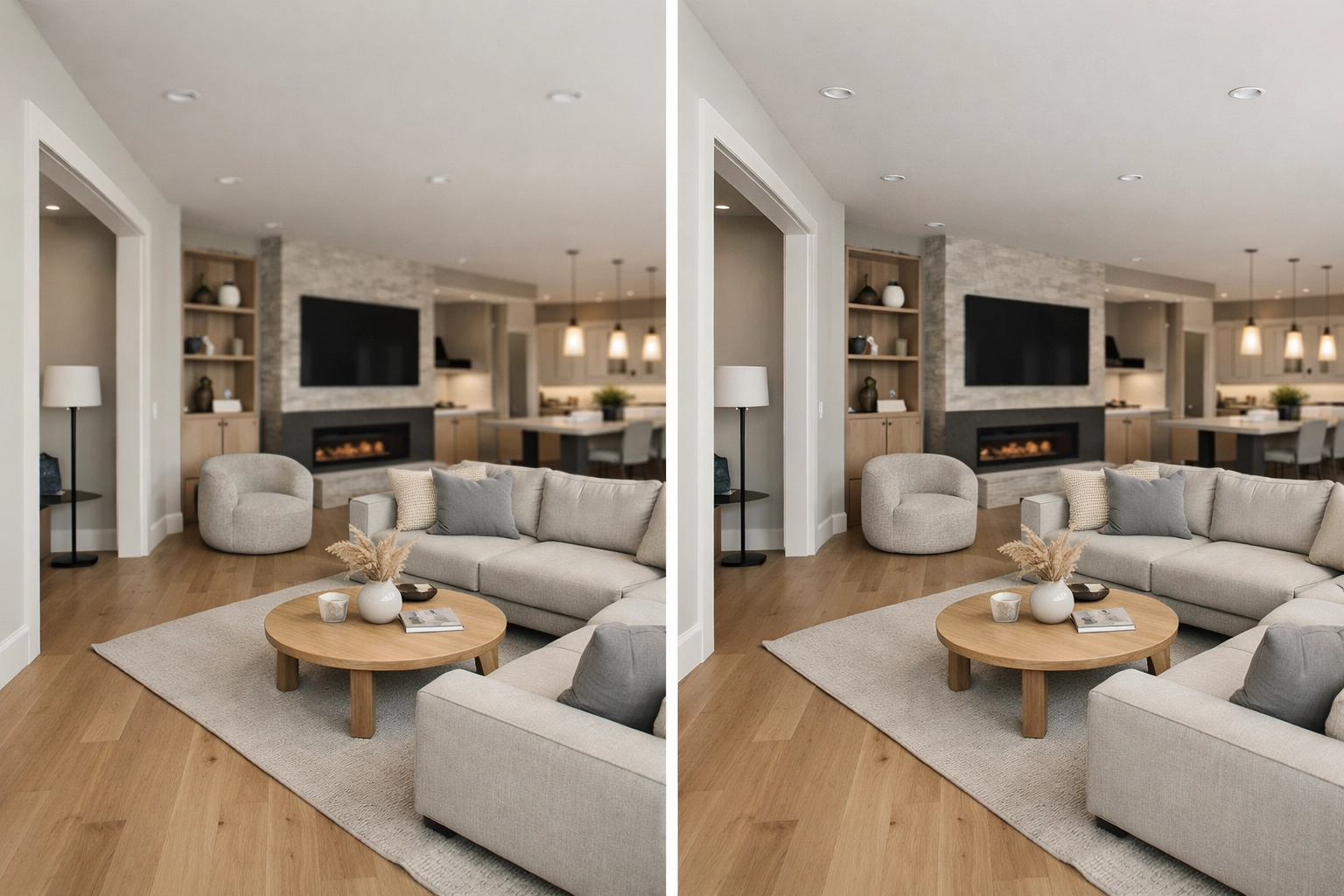 Comparison of professional real estate photography showing straight lines versus distorted iPhone room photos.