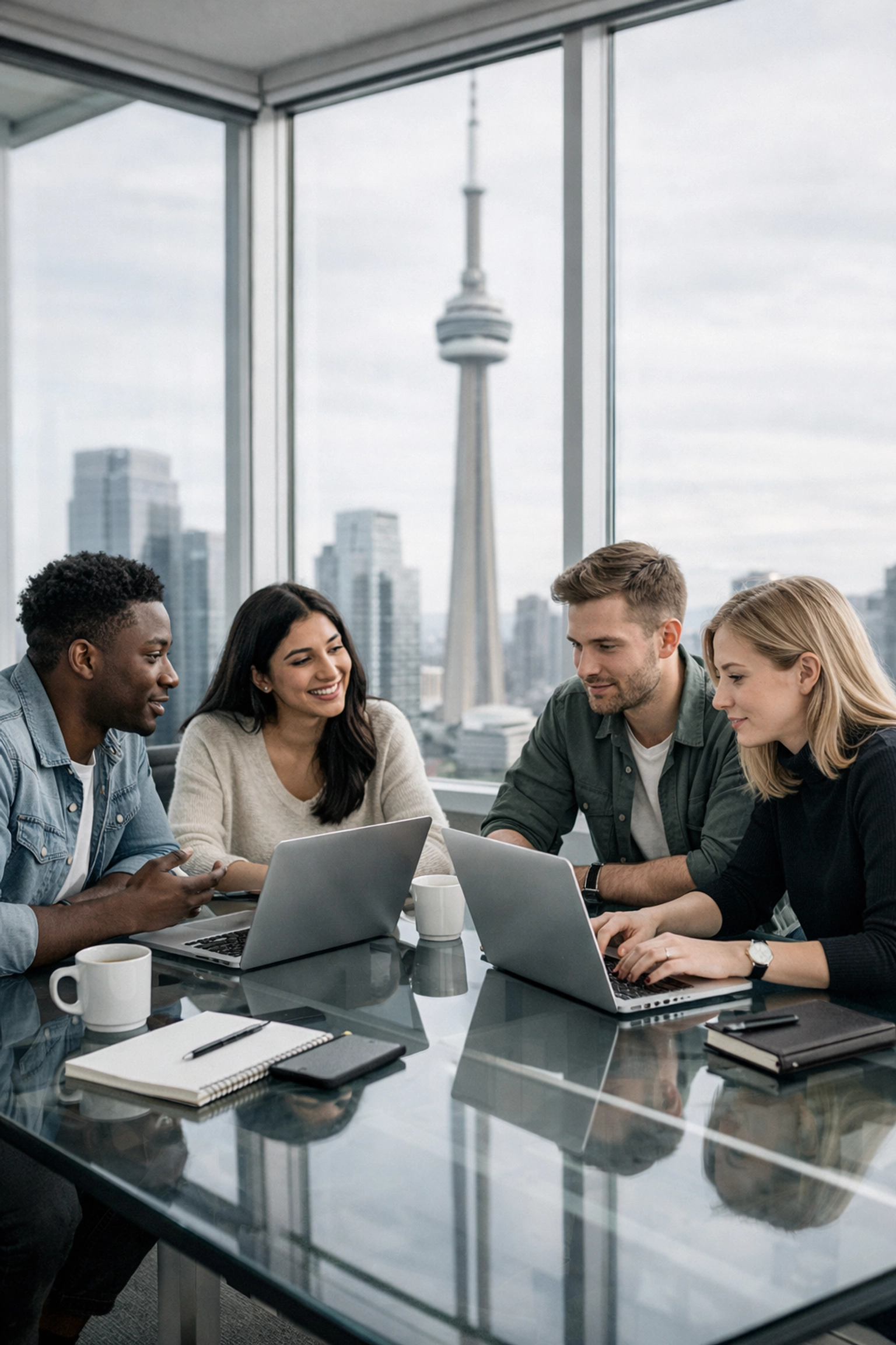 Canadian entrepreneurs collaborating in Toronto office discussing startup funding strategy