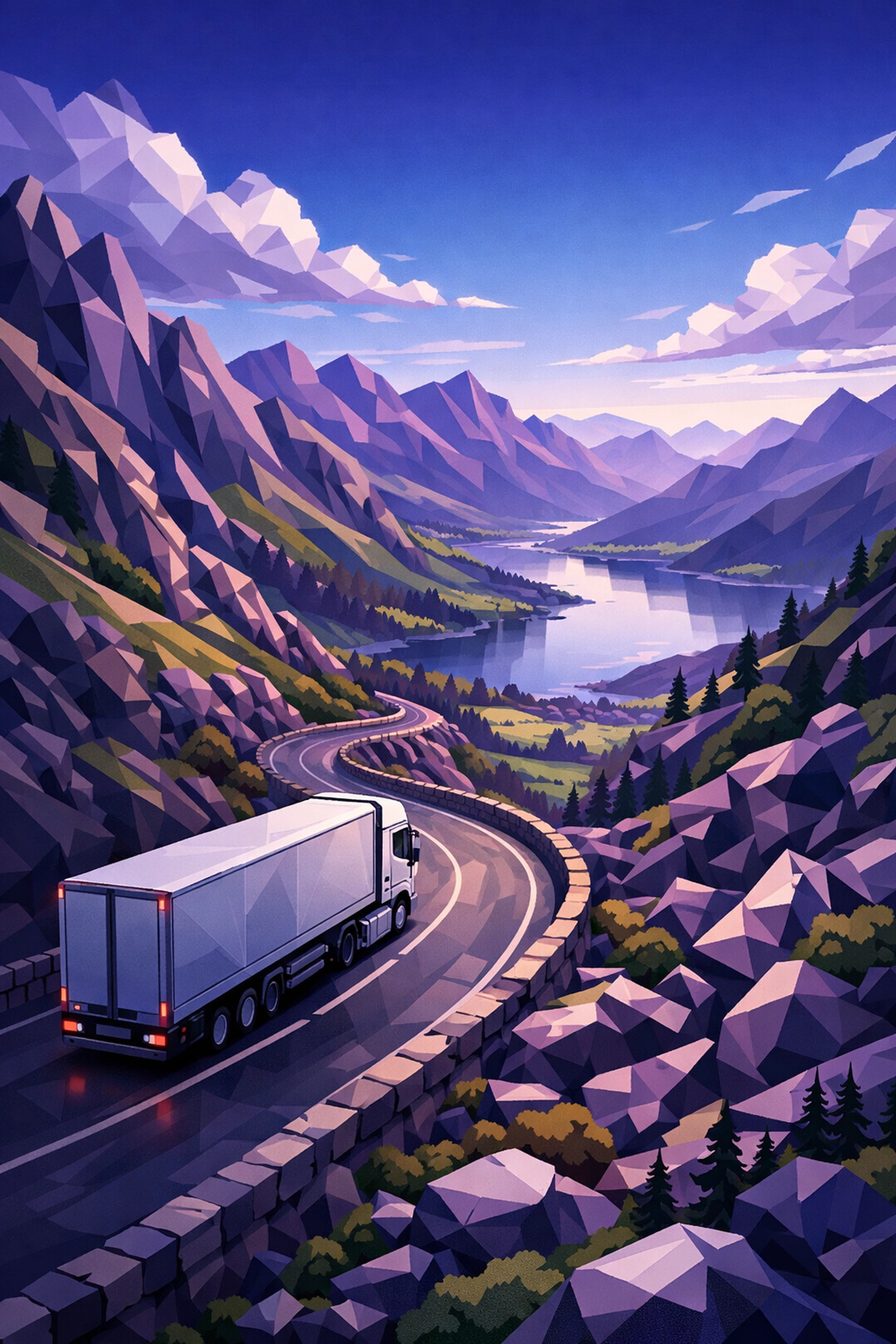 Modern HGV driving along scenic routes in the Lake District near Manchester and Liverpool.