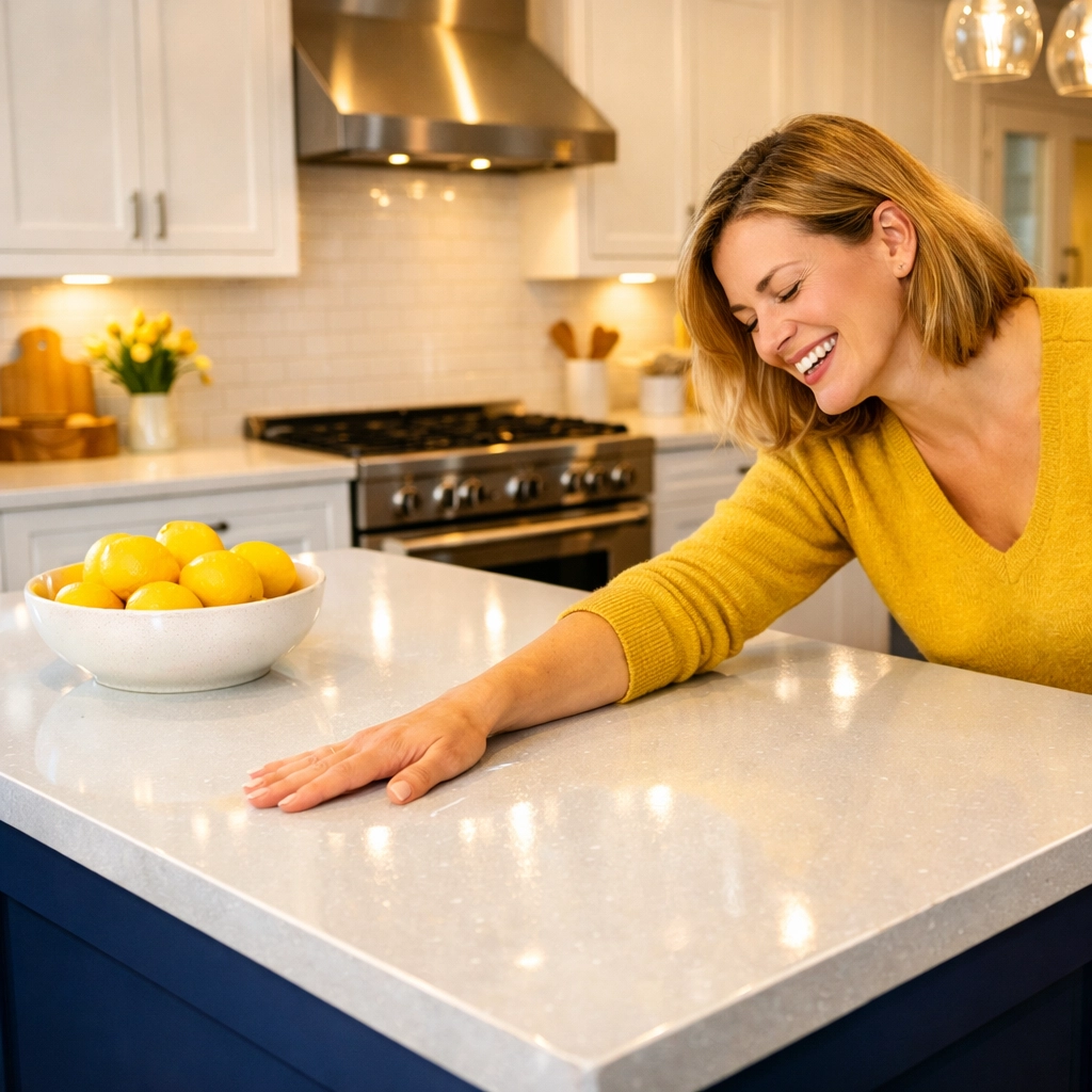 A happy homeowner enjoying a spotless, dust-free kitchen after post construction cleaning Medway.