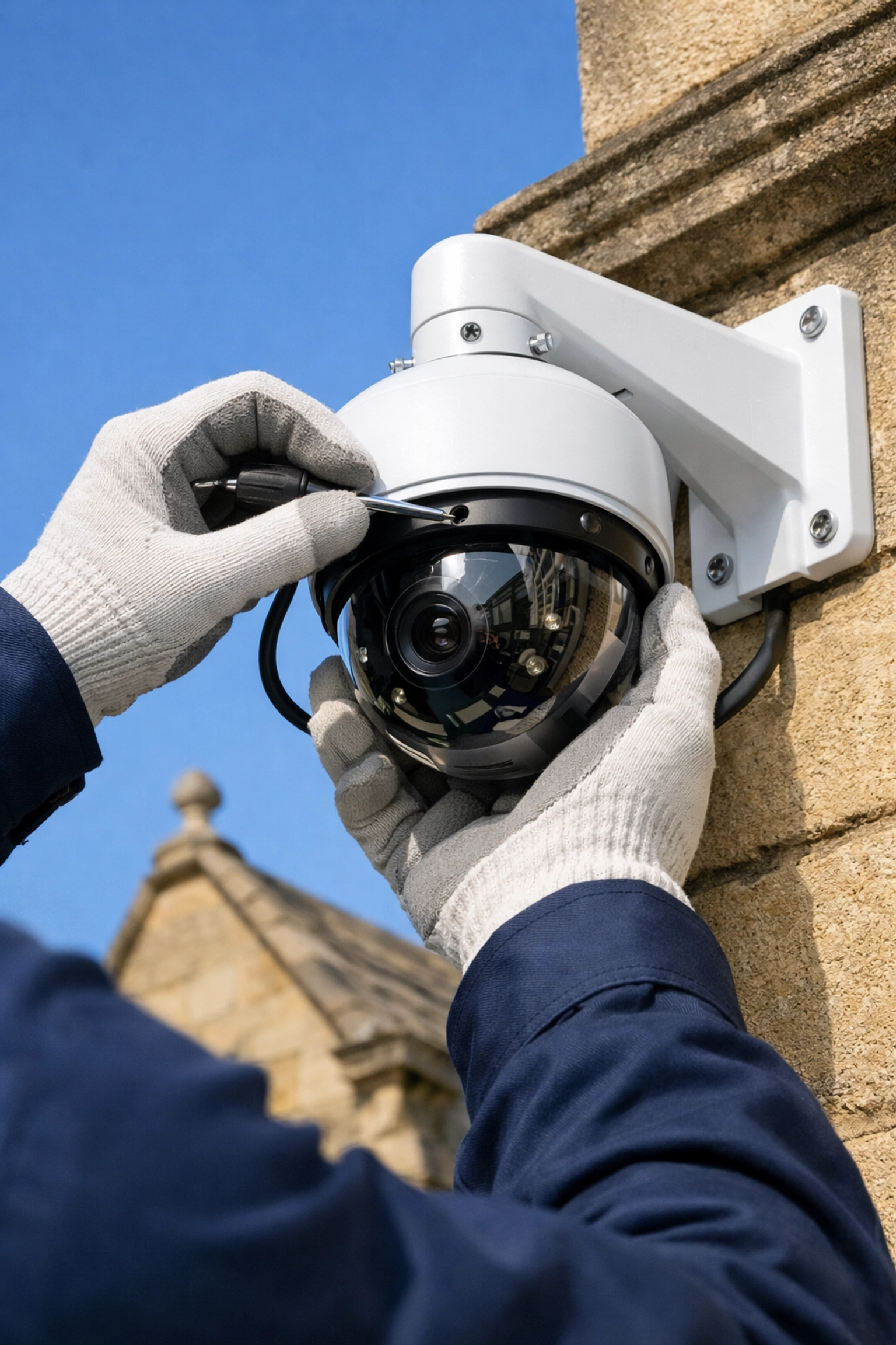 Expert technician completing a professional CCTV installation at a Bath property.