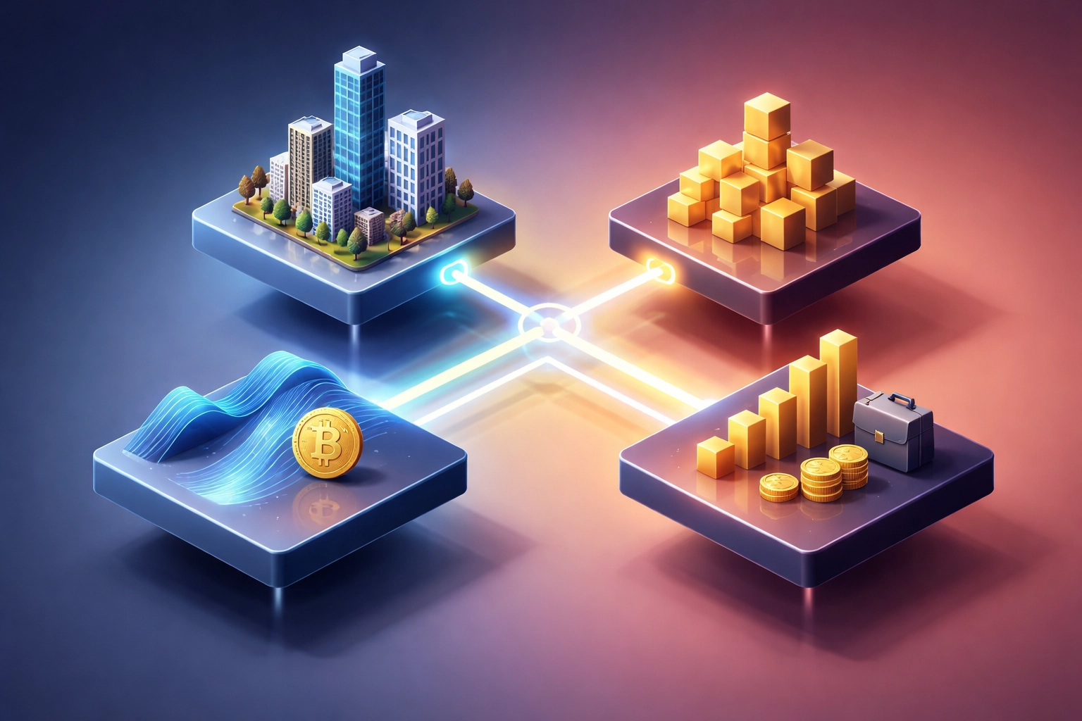 Visual of a balanced investment portfolio showing real estate, private equity, crypto, and traditional assets
