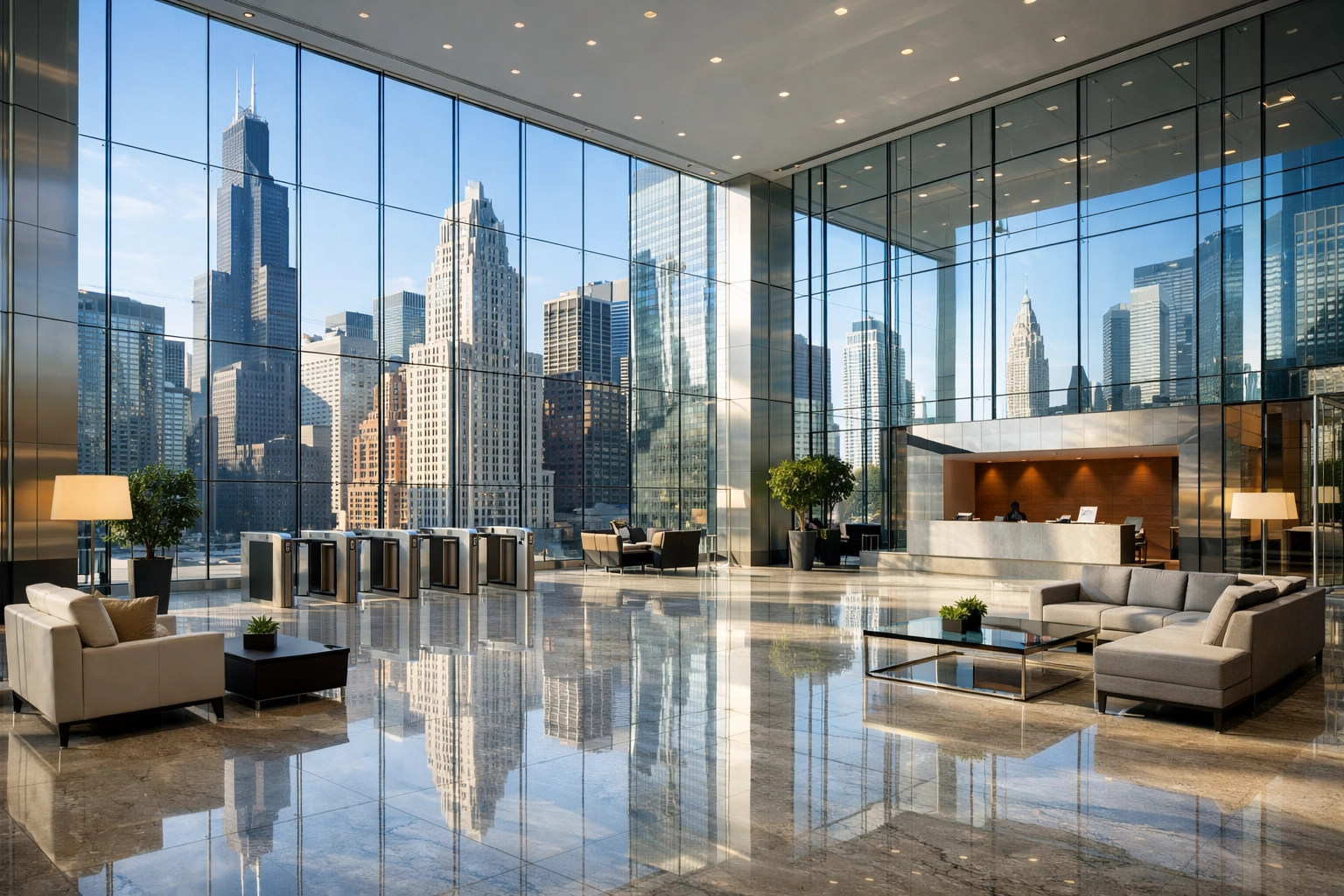 Polished marble floors in a professional Chicago office lobby showing metropolitan cleaning standards.